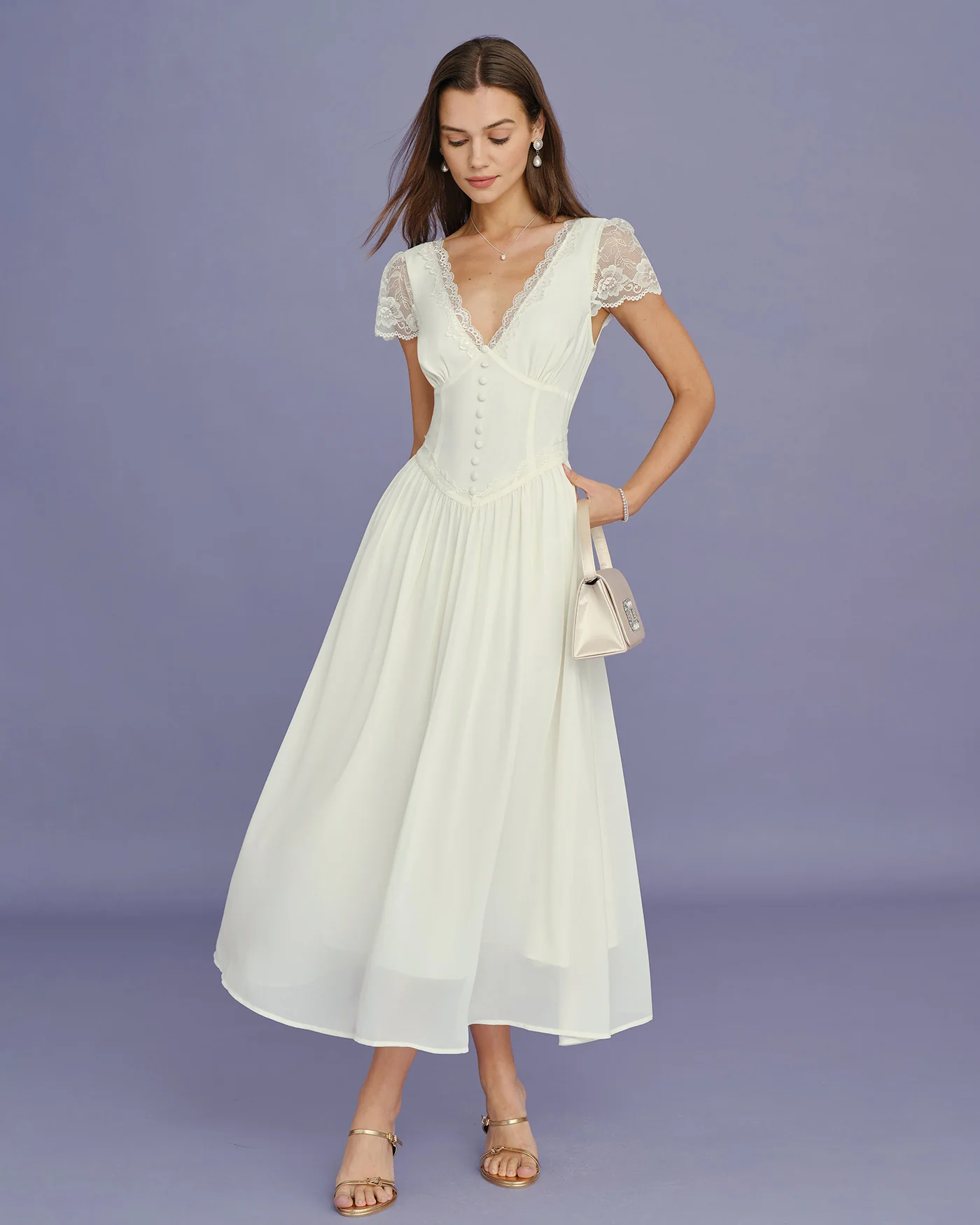 28d3f8141973e59afeb34ca2a480238e2e61924775de5656371e5041394b2e6f.webp Apricot V Neck Lace Splicing Maxi Dress - Image 1